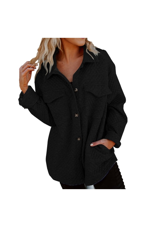 Waffle Textured Jacket for Women Open Front Long Sleeve Lapel Shirts Solid Button Down Tops 2024 Outdoor Streetwear Coats Black,XXL