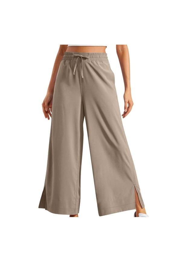 Wide Leg Cropped Pants for Women High Waisted Split Pants Solid Drawstring Baggy Trousers Outdoor Athletic Jogger Pants With Pockets Khaki,S