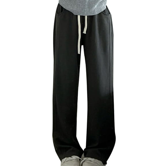 BXINGOHAI Wide Leg Sweatpants for Women 2024 Trendy Fashion High Waisted Drawstring Loose Baggy Pants With Pockets Black,S