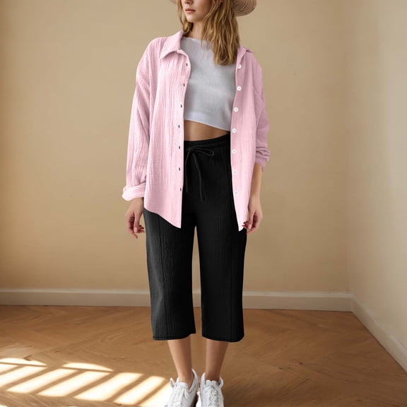 BXINGOHAI Women 2 Piece Linen Sets Button Down Shirt and Drawstring Long Pants Set Summer Outfits Pink M