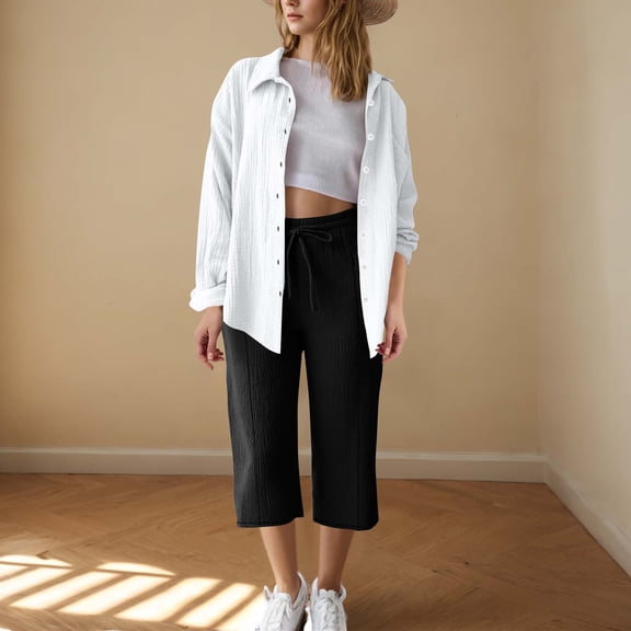 BXINGOHAI Women 2 Piece Linen Sets Button Down Shirt and Drawstring Long Pants Set Summer Outfits White 2XL