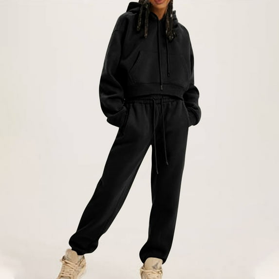 BXINGOHAI Women 2 Piece Outfits Hoodie Sweatsuits Set Sweatpants Long Sleeve Sweatshirt Matching Joggers Tracksuit Sets Today Sales Black,S