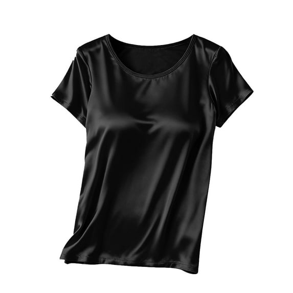 BXINGOHAI Women Built-in Bra T Shirt Top Short Sleeve Basic Tees Casual Going Out Tops Black L