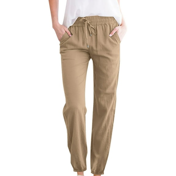 BXINGOHAI Women Casual Cotton Linen Pants Drawstring Elastic Waist Pants Solid Long Straight Pants 2024 Fashion Daily Pants Khaki,M