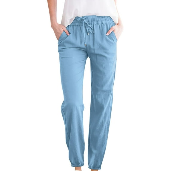 BXINGOHAI Women Casual Cotton Linen Pants Drawstring Elastic Waist Pants Solid Long Straight Pants 2024 Fashion Daily Pants Fall Savings Dark Blue,M