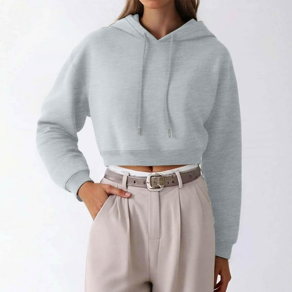 BXINGOHAI Women Cropped Hoodies Long Sleeve Crop Top Trendy Hem Ribbed Hooded Sweatshirt Workout Pullover Gray,L
