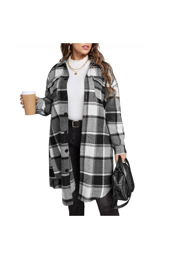 Women Fall Flannel Plaid Shacket Jacket Oversized Button Down Long Shirt Jacket Black S