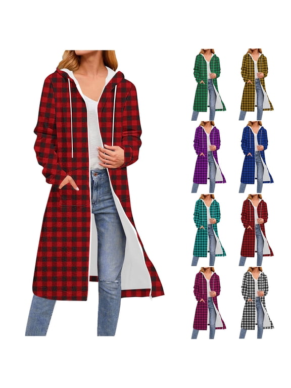 Women Fall Flannel Plaid Shacket Jacket Oversized Button Down Long Shirt Jacket Navy L
