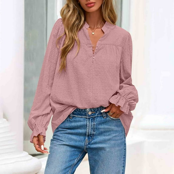 BXINGOHAI Women Fall Tops Boho Solid V Neck Fashion Casual Long Sleeve Button Down Blouses Dressy Shirts Hot Pink S