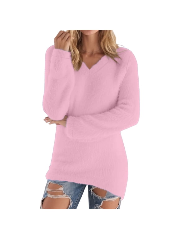 Women Fashion Pullover Sweater Crew Neck Long Sleeve Shirts Blouse Knit Casual Cozy Clouds Top Pink 2XL