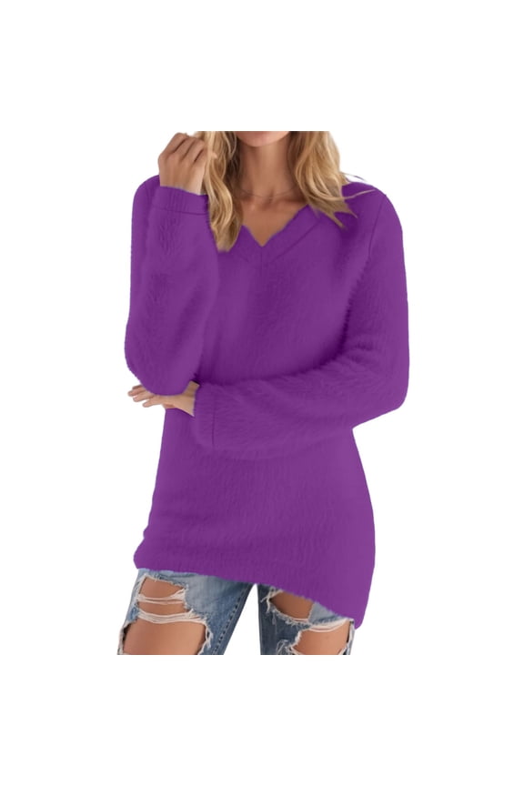 Women Fashion Pullover Sweater Crew Neck Long Sleeve Shirts Blouse Knit Casual Cozy Clouds Top Purple L