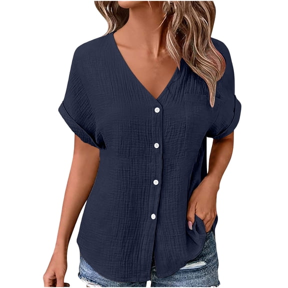BXINGOHAI Women Linen Button Down Shirt Short Sleeve Blouse Ladies Summer Casual V Neck Beach Cotton Tops Navy 2XL