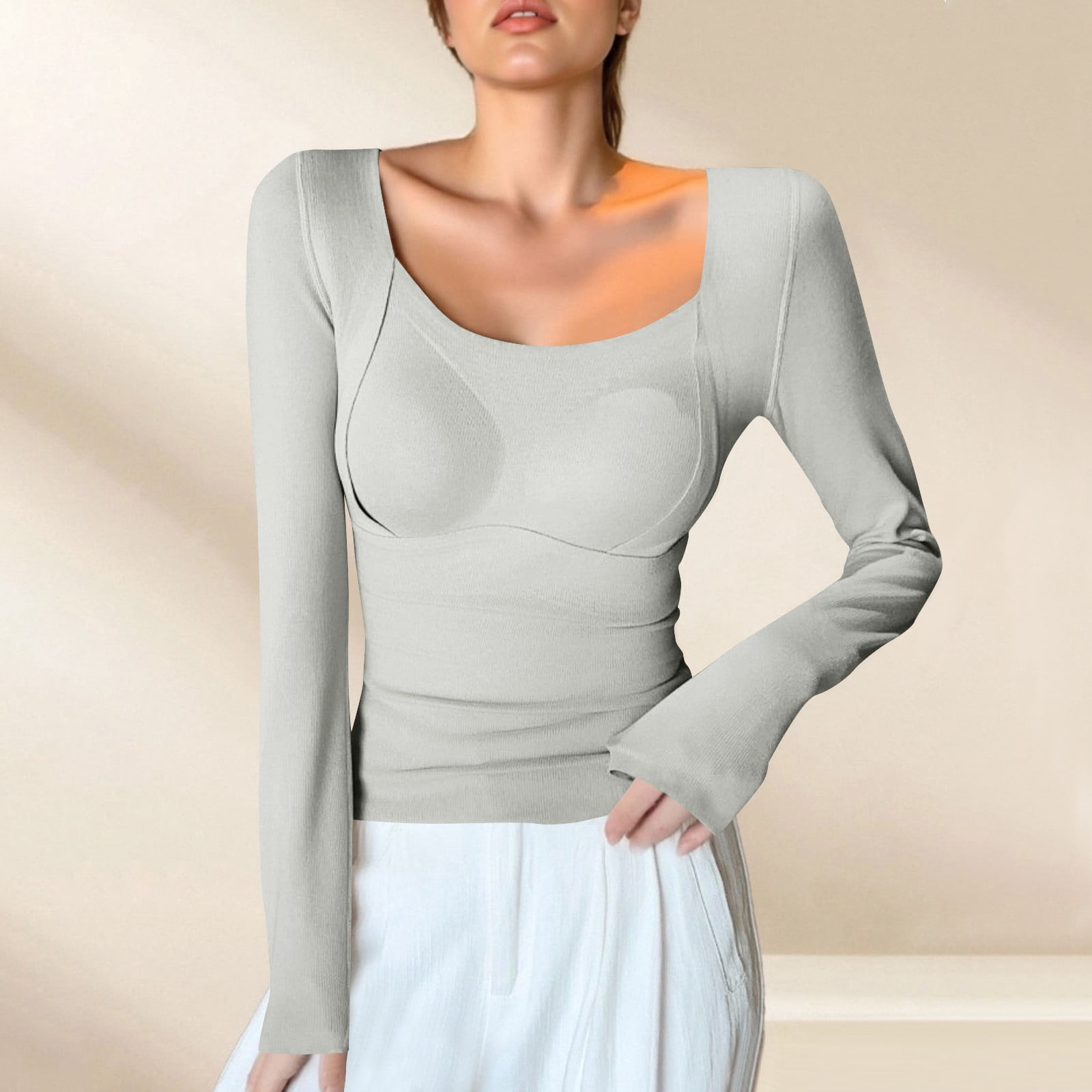 Long Sleeve Top With Built In Bra Inbuilt Bra Ribbed Material