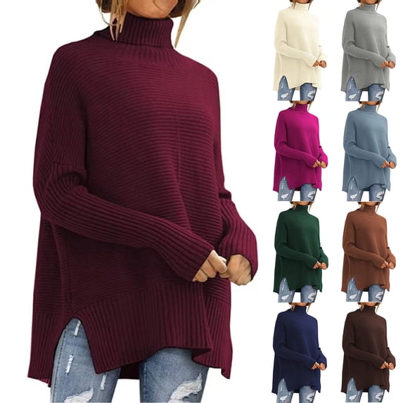 BXINGOHAI Women Long Sleeve Sweaters Fall Winter Ribbed Knit Pullover Sweater Casual Loose Crewneck Split Jumper Tops Hot Pink,M