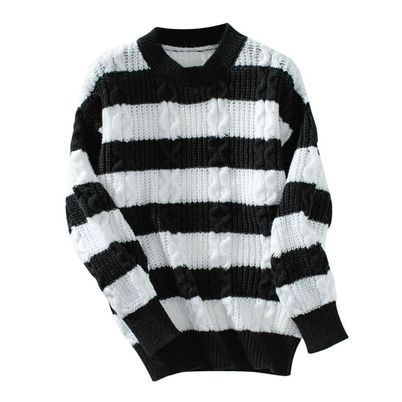 BXINGOHAI Women Long Sleeve Sweaters Strip Knit Crewneck Pullover Tops Fashion Casual Shirts Fall Winter Leisure Sweater Black,S