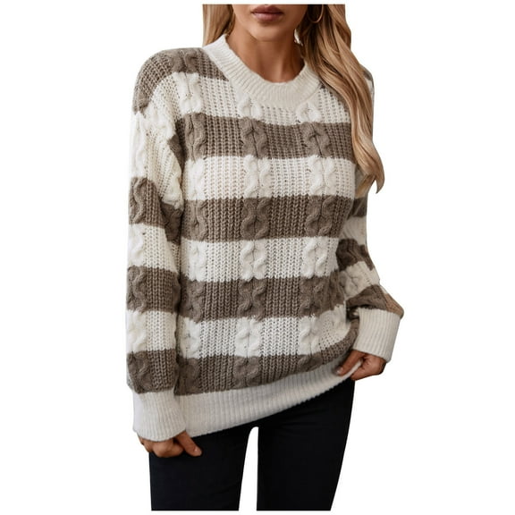 BXINGOHAI Women Long Sleeve Sweaters Strip Knit Crewneck Pullover Tops Fashion Casual Shirts Fall Winter Leisure Sweater Coffee,S