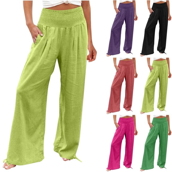 BXINGOHAI Women Summer Pants Drawstring Waist Wide Leg Pants Loose Fit with Pockets Pull On Army Green S