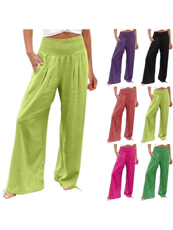 Women Summer Pants Drawstring Waist Wide Leg Pants Loose Fit with Pockets Pull On Pink 3XL