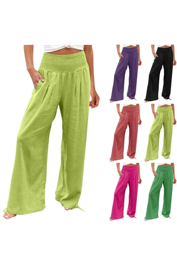 Women Summer Pants Drawstring Waist Wide Leg Pants Loose Fit with Pockets Pull On Pink S