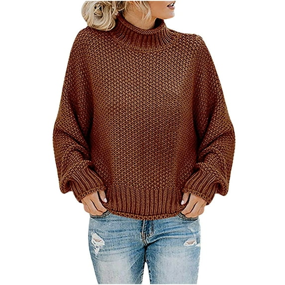 BXINGOHAI Women Sweater Long Sleeve Mock Neck Knit Pullover Solid Loose Fit Pleated Sweaters Fall Winter Leisure Tops Today Sales Coffee,XXXL