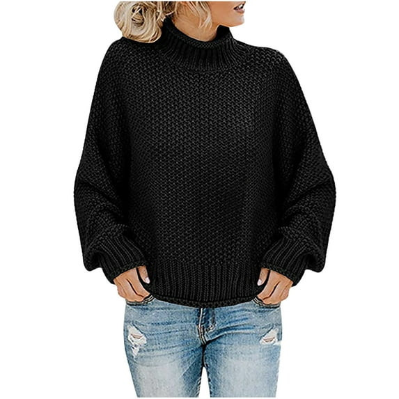 BXINGOHAI Women Turtleneck Sweaters Solid Long Sleeve Sweater Casual Loose Chunky Pullover Tops Soft Knit Blouse Today Black,M