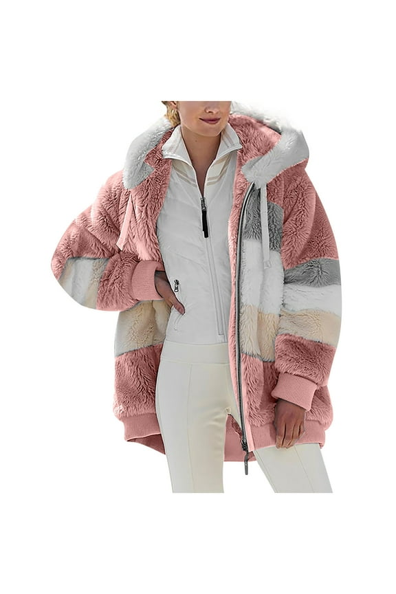 Women Warm Fleece Coat Oversized Color Block Long Sleeve Outerwear Full Zip Up Jackets Fall Winter Loungwear Coats With Drawstring Pockets Today Pink,S