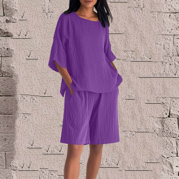 BXINGOHAI Women's 2 Piece Outfits Sweatsuit Casual Short Sleeve Pullover Tops and Drawstring Shorts Pants Lounge Sets Purple 2XL