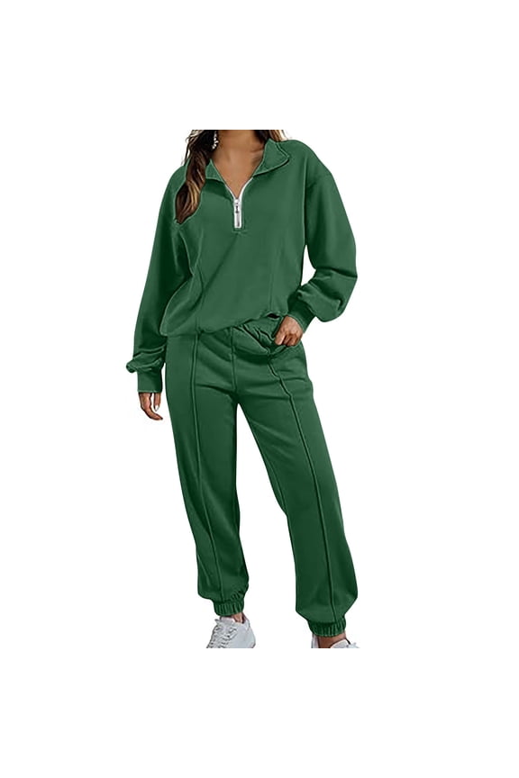 Women's 2 Piece Tracksuit Fall Outfits 2024 Long Sleeve Half Zip Sweatshirt Sweatpants Lounge Set Sweatsuits Today Sales Army Green,S