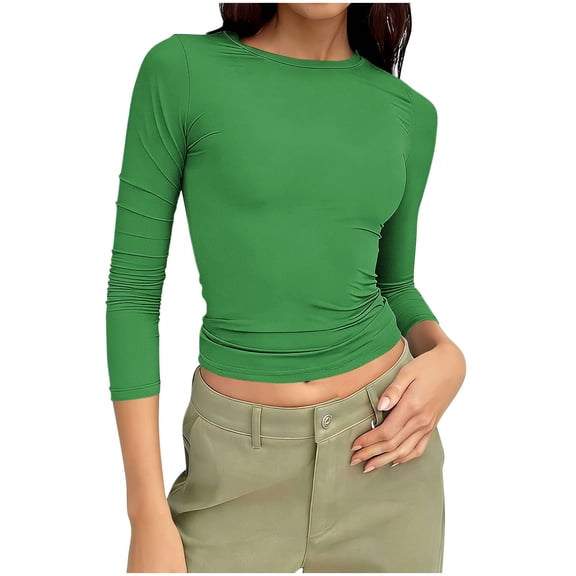 BXINGOHAI Women's 3/4 Sleeve Boat Neck T Shirts Slim Fit Tight Basics Top Casual Comfy Tops Green S