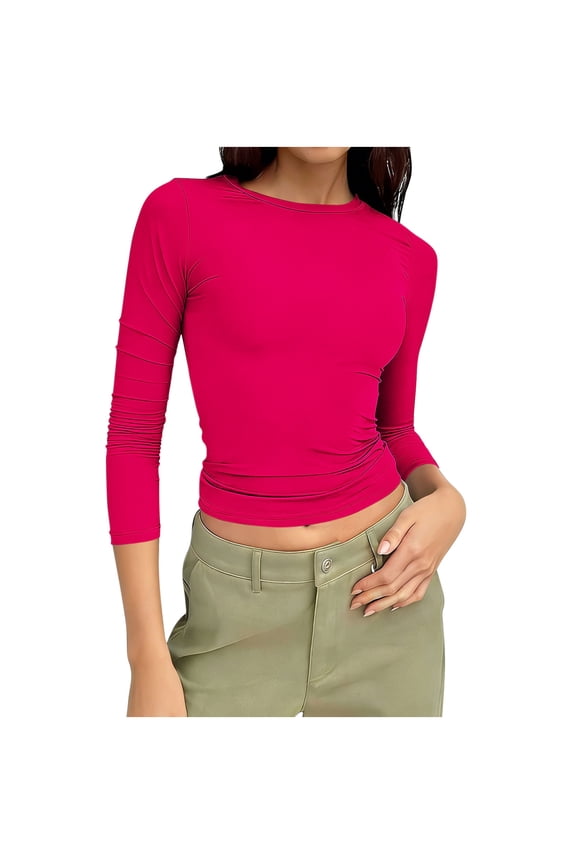 Women's 3/4 Sleeve Boat Neck T Shirts Slim Fit Tight Basics Top Casual Comfy Tops Hot Pink 3XL