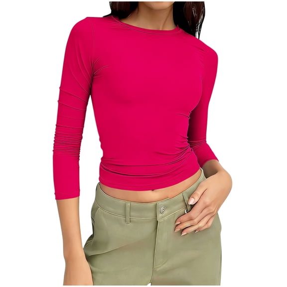 BXINGOHAI Women's 3/4 Sleeve Boat Neck T Shirts Slim Fit Tight Basics Top Casual Comfy Tops Hot Pink L