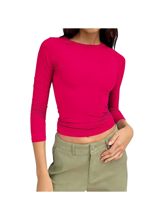 Women's 3/4 Sleeve Boat Neck T Shirts Slim Fit Tight Basics Top Casual Comfy Tops Hot Pink M