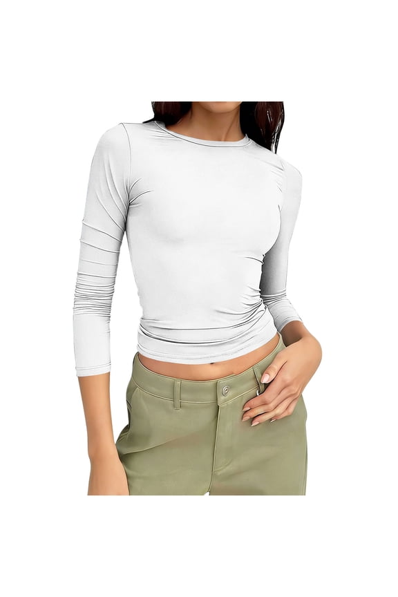 Women's 3/4 Sleeve Boat Neck T Shirts Slim Fit Tight Basics Top Casual Comfy Tops White L