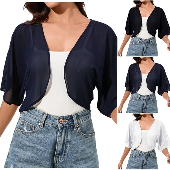 BXINGOHAI Women's 3/4 Sleeve Cardigan Sweaters Cropped Open Front Navy,2XL
