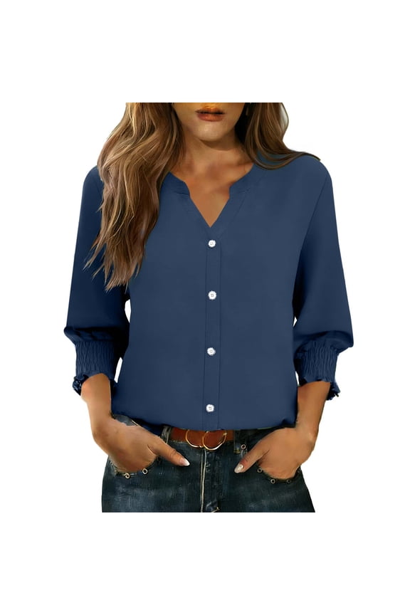 Women's 3/4 Sleeve V Neck T Shirt Solid Casual Tops Basic Tees Fall Winter Outfits Shirts Clothes Navy M