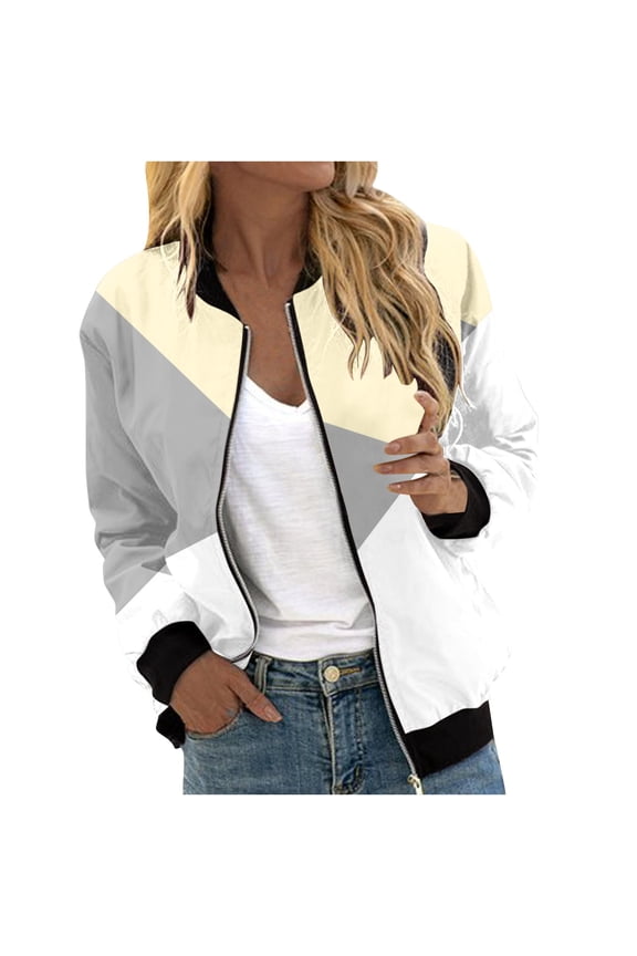 Women's Bomber Jacket Color Block Zip Up Outerwear Long Sleeve Loose Casual Lightweight Jackets Stand Collar Short Coat Today Yellow,M