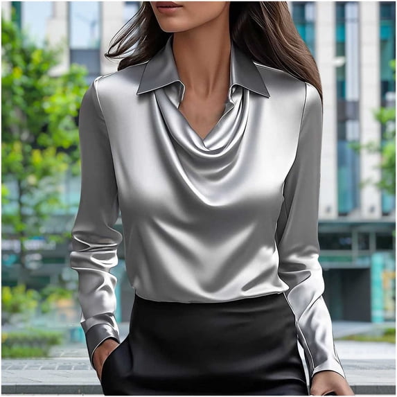 BXINGOHAI Women's Business Casual Tops Solid Color Long Sleeve Round Lapel Collar Business Tops Gray,L