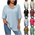 thumbnail image 1 of BXINGOHAI Women's Button Down Shirts Summer 3/4 Length Sleeve Tops Basic Ladies Tees Beige,4XL, 1 of 7