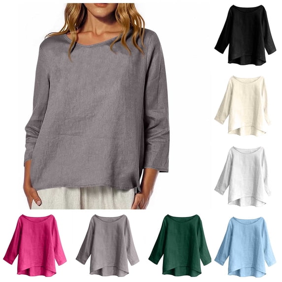 BXINGOHAI Women's Casual 3/4 Sleeve T-Shirts Round Neck Cute Tunic Tops Basic Tees Blouses Loose Fit Pullover Gray S