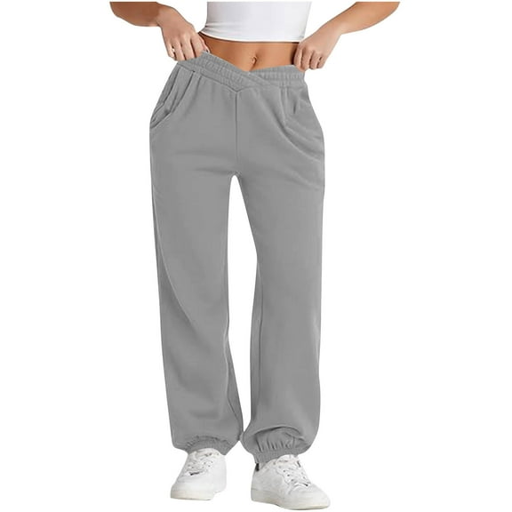 BXINGOHAI Women's Casual Joggers Pants V Crossover High Waisted Baggy Lounge Bottoms Pants 2025 Fall Winter Sweatpants Today Sales Gray,XXL