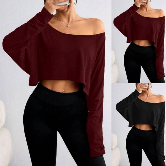 BXINGOHAI Women's Casual Long Sleeve Off Shoulder Slim Fit Crop Top Going Out Blouses Y2K Tight Shirts Black,2XL