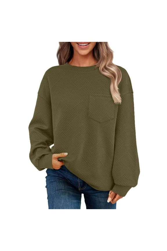 Women's Casual Textured Sweatshirts 2024 Fall Winter Long Sleeve Blouse Drop Shoulder Crew Neck Pullover Tops With Pocket Under $10 Army Green,L