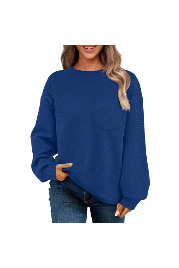 Women's Casual Textured Sweatshirts 2024 Fall Winter Long Sleeve Blouse Drop Shoulder Crew Neck Pullover Tops With Pocket Under $10 Blue,S