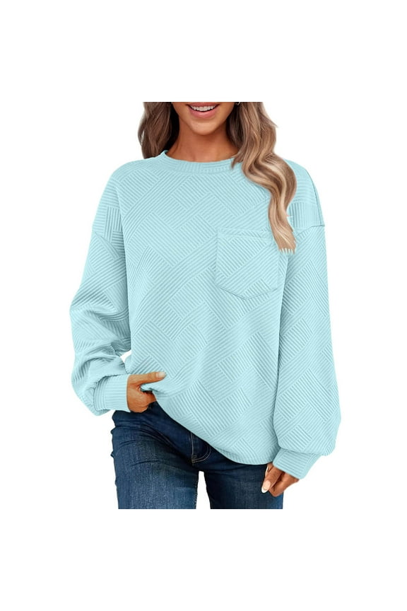 Women's Casual Textured Sweatshirts 2025 Fall Winter Long Sleeve Blouse Drop Shoulder Crew Neck Pullover Tops With Pocket Under $10 Light Blue,M