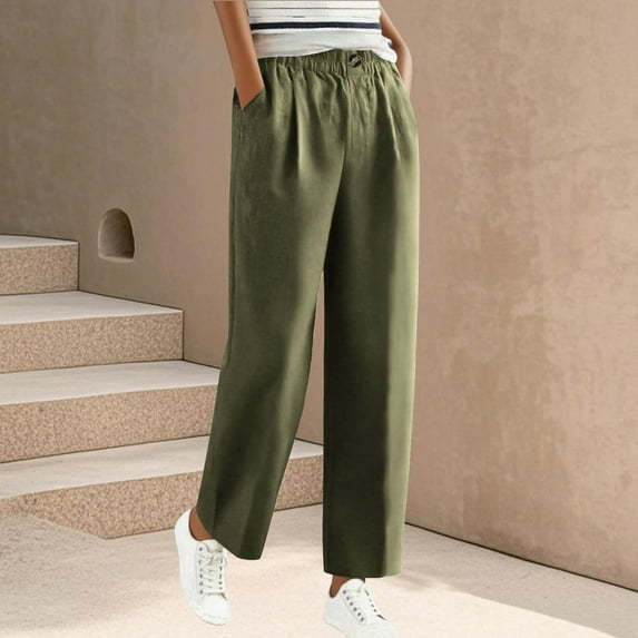 BXINGOHAI Women's Cotton Linen Palazzo Pants Flowy Wide Leg Beach Trousers with Pockets Army Green L