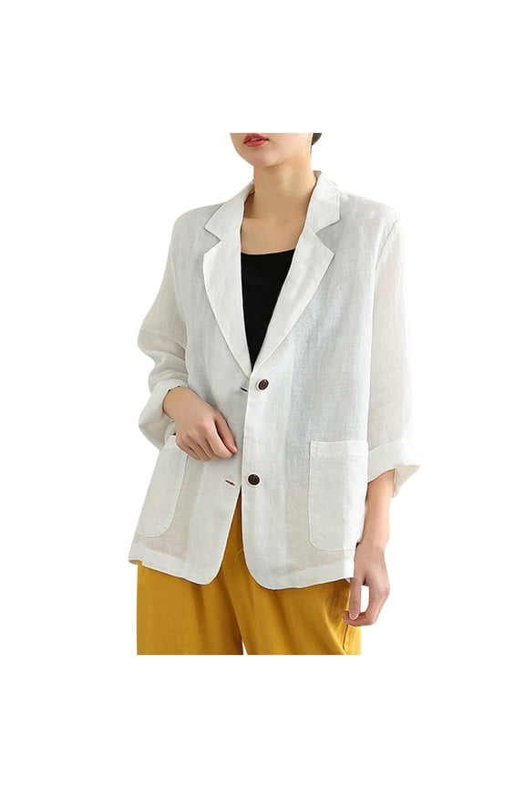 Women's Cotton Linen Suit Jacket Casual Long Sleeve Button Solid Pockets Blouse Slim Fitted Daily Outwear Business Jackets Coat White,XL