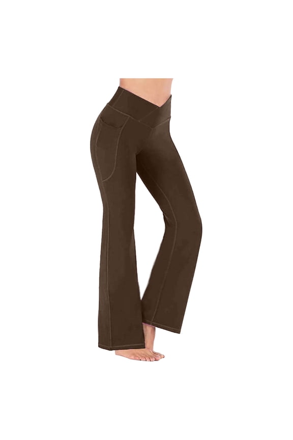 Women's Crossover Flared Pants With Pockets High Waisted Wide Leg Pants Cross Waist Bootcut Lounge Yoga Pants Gym Workout Pants Coffee,L