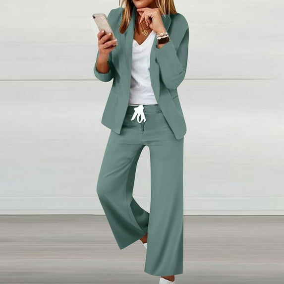 BXINGOHAI Women's Fashion Pants Suit 2 Piece Business Outfits Casual Double Breasted Blazer and Pant Sets Green XL