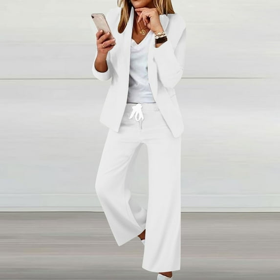 BXINGOHAI Women's Fashion Pants Suit 2 Piece Business Outfits Casual Double Breasted Blazer and Pant Sets White XL