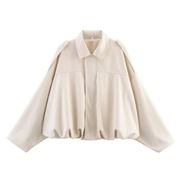 BXINGOHAI Women's Faux Suede Bomber Jacket Spring Lapel Coat Casual Oversized Long Sleeves Trendy Streetwear Outerwear Beige L